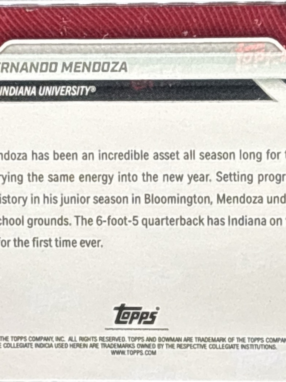 Topps Bowman Now Indiana Hoosiers Football Trading Card - Fernando Mendoza - Picture 2 of 2